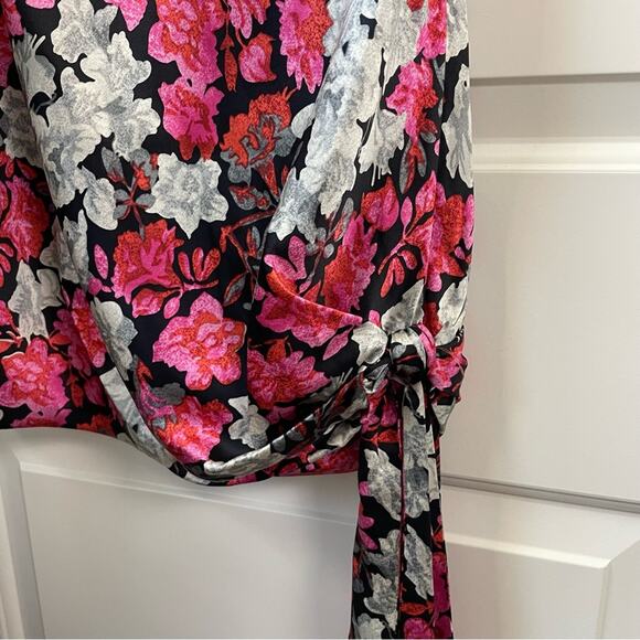 Cinq a Sept Black Floral 100% Silk Mini Slip Dress w/ Side Tie - Picture 4 of 16